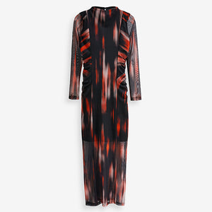 Red and Black Smudge Print Long Sleeve Mesh Midi Dress