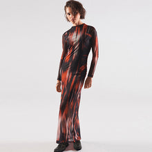 Load image into Gallery viewer, Red and Black Smudge Print Long Sleeve Mesh Midi Dress
