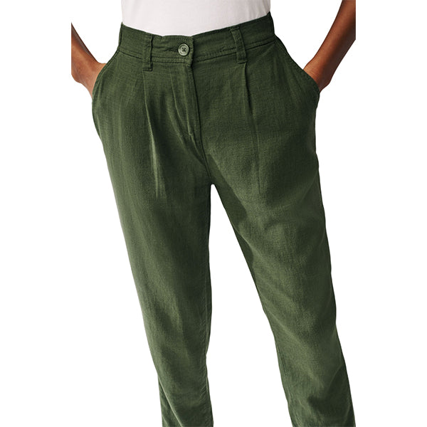 Khaki Green Linen Blend Taper Trousers