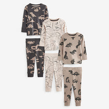 Load image into Gallery viewer, Neutral/Black Dinosaur Long Sleeve 3 Pack Pyjamas Set (9mths-6yrs)
