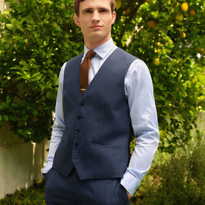 Blue Textured Wool Suit: Waistcoat