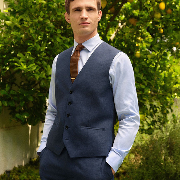 Blue Textured Wool Suit: Waistcoat