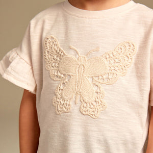 Ecru Cream Crochet Butterfly 100% Cotton T-Shirt (3mths-5-6yrs)