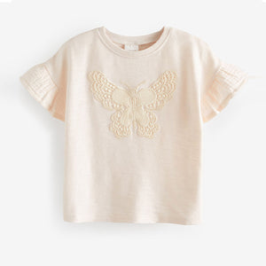 Ecru Cream Crochet Butterfly 100% Cotton T-Shirt (3mths-5-6yrs)