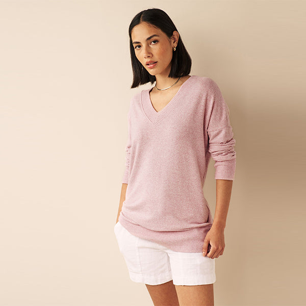 Blush Pink Cosy Lightweight Soft Touch Longline V-Neck Jumper Top