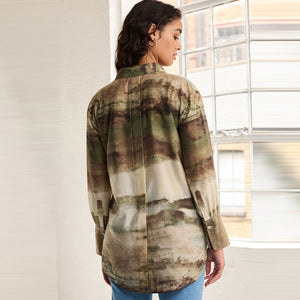 Green Scenic Print Sheer Long Sleeve Oversized Shirt