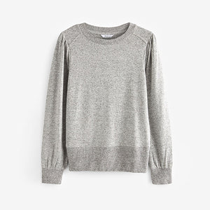 Grey Cosy Lightweight Soft Touch Sleeve Detail Crew Neck Jumper