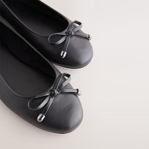 Black Round Toe Leather Ballerina Shoes