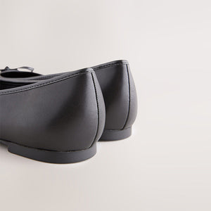 Black Round Toe Leather Ballerina Shoes