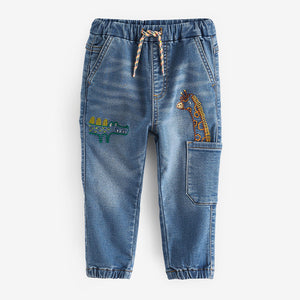 Mid Blue Denim Embroidered Character Jeans With Cuff (3mths-3-4yrs)