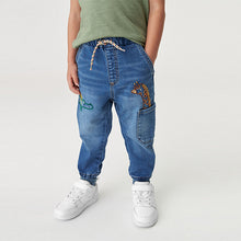 Load image into Gallery viewer, Mid Blue Denim Embroidered Character Jeans With Cuff (3mths-3-4yrs)
