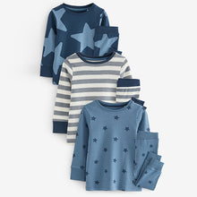 Load image into Gallery viewer, Blue/White Stars Snuggle 100% Cotton Pyjamas 3 Pack (9mths-6yrs)
