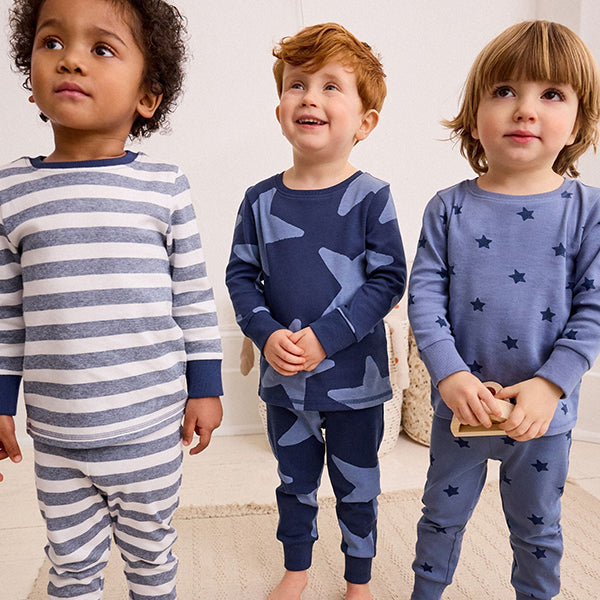 Blue/White Stars Snuggle 100% Cotton Pyjamas 3 Pack (9mths-6yrs)