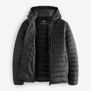Black Shower Resistant Lightweight Hooded Puffer Coat Jacket