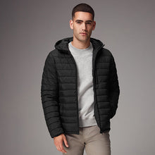 Load image into Gallery viewer, Black Shower Resistant Lightweight Hooded Puffer Coat Jacket
