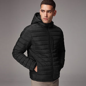 Black Shower Resistant Lightweight Hooded Puffer Coat Jacket
