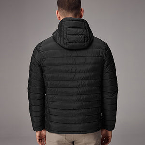 Black Shower Resistant Lightweight Hooded Puffer Coat Jacket