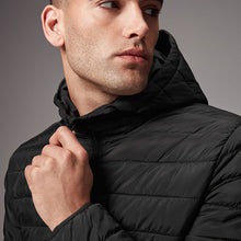 Load image into Gallery viewer, Black Shower Resistant Lightweight Hooded Puffer Coat Jacket
