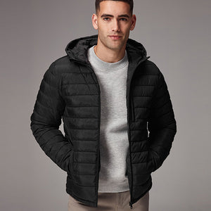 Black Shower Resistant Lightweight Hooded Puffer Coat Jacket