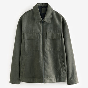 Green Faux Suede Collared Shacket