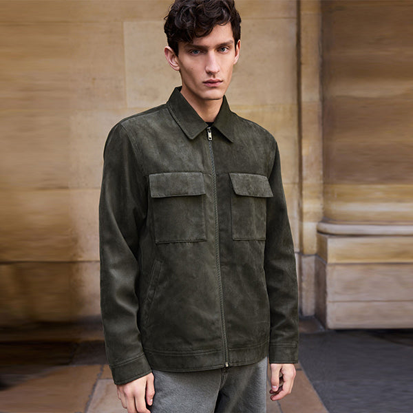 Green Faux Suede Collared Shacket