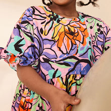 Load image into Gallery viewer, Purple Tropical Print Short Sleeve 100% Cotton Jersey Dress (3-12yrs)
