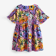 Load image into Gallery viewer, Purple Tropical Print Short Sleeve 100% Cotton Jersey Dress (3-12yrs)
