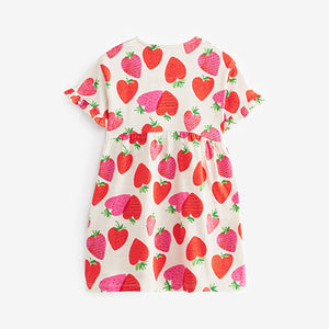 Cream Strawberry Print Short Sleeve 100% Cotton Jersey Dress (3-12yrs)