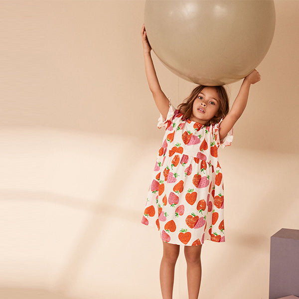 Cream Strawberry Print Short Sleeve 100% Cotton Jersey Dress (3-12yrs)