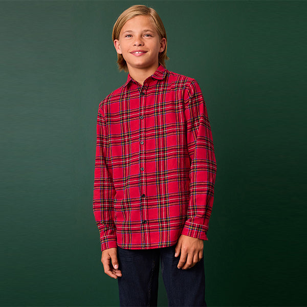 Red Tartan 100% Cotton Long Sleeve Check Shirt (3-12yrs)