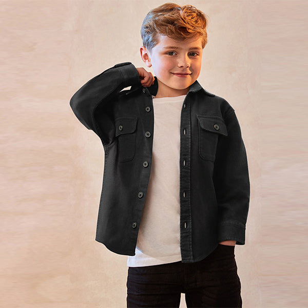 Black Plain 100% Cotton Overshirt (3-12yrs)