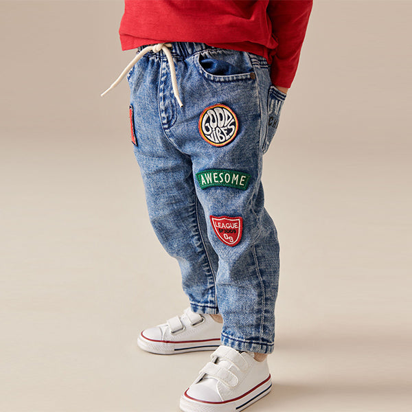 Blue Denim Pull On Badged 100% Cotton Jeans (3mths-6yrs)