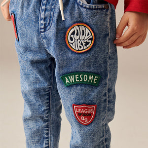 Blue Denim Pull On Badged 100% Cotton Jeans (3mths-6yrs)