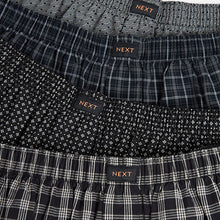 Load image into Gallery viewer, Black Check/Geo 4 pack Woven Pure 100% Cotton Boxers
