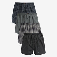 Load image into Gallery viewer, Black Check/Geo 4 pack Woven Pure 100% Cotton Boxers
