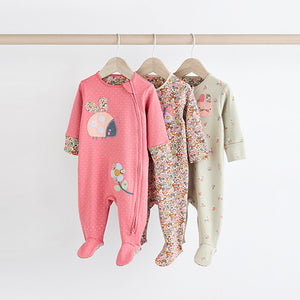 Multi Ladybird Baby Character Zip 100% Cotton Sleepsuits 3 Pack (0mths-18mths)
