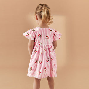 Pink Strawberry Stripe Button Up 100% Cotton Dress (3mths-5-6yrs)