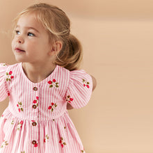 Load image into Gallery viewer, Pink Strawberry Stripe Button Up 100% Cotton Dress (3mths-5-6yrs)
