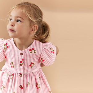 Pink Strawberry Stripe Button Up 100% Cotton Dress (3mths-5-6yrs)