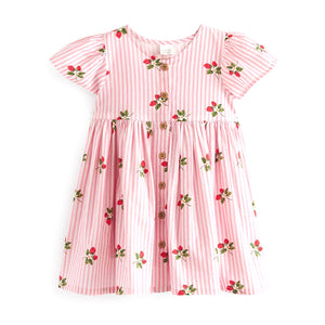 Pink Strawberry Stripe Button Up 100% Cotton Dress (3mths-5-6yrs)