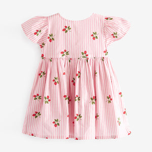 Pink Strawberry Stripe Button Up 100% Cotton Dress (3mths-5-6yrs)