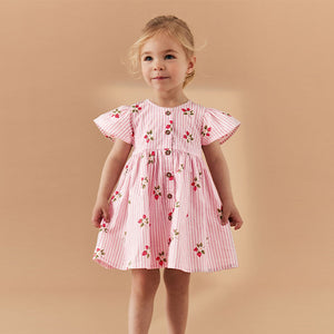 Pink Strawberry Stripe Button Up 100% Cotton Dress (3mths-5-6yrs)