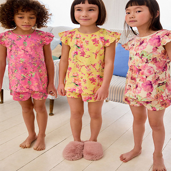 Pink/ Yellow Floral 3 Pack Short 100% Cotton Pyjamas