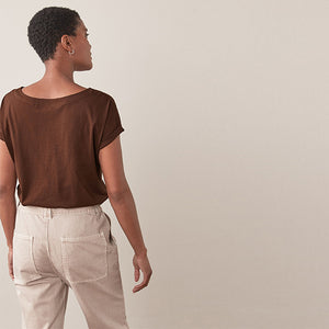 Chocolate Brown Round Neck Cap Sleeve 100% Cotton T-Shirt