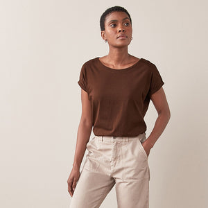 Chocolate Brown Round Neck Cap Sleeve 100% Cotton T-Shirt