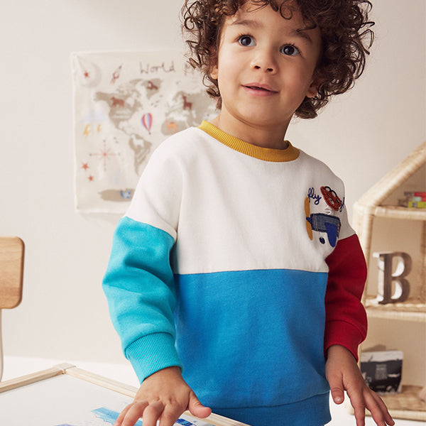 White/Blue/Red Colourblock Character Crew Neck 100% Cotton Sweatshirt (3mths-6yrs)