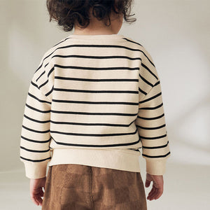 Ecru Cream Stripe Dinosaur Embroidered Crew Neck Sweatshirt (3mths-6yrs)