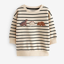 Load image into Gallery viewer, Ecru Cream Stripe Dinosaur Embroidered Crew Neck Sweatshirt (3mths-6yrs)
