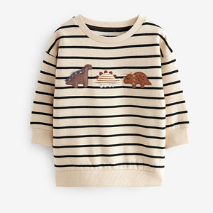 Ecru Cream Stripe Dinosaur Embroidered Crew Neck Sweatshirt (3mths-6yrs)