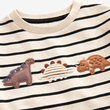 Load image into Gallery viewer, Ecru Cream Stripe Dinosaur Embroidered Crew Neck Sweatshirt (3mths-6yrs)
